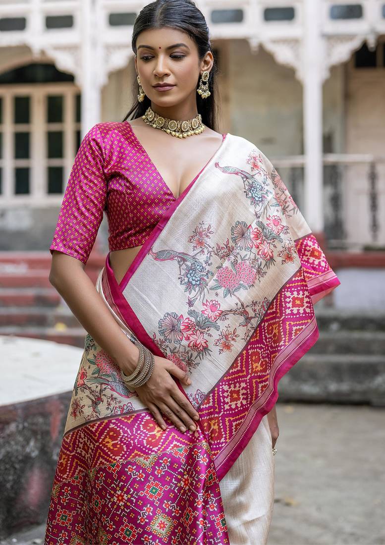 Pink soft tussar silk floral printed saree with blouse