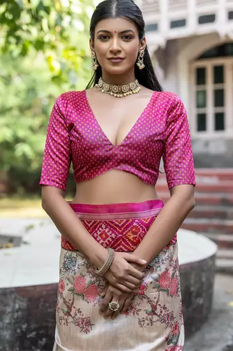 Pink soft tussar silk floral printed saree with blouse