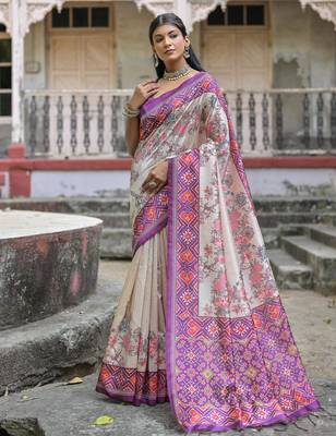 Lavender soft tussar silk floral printed saree with blouse 1