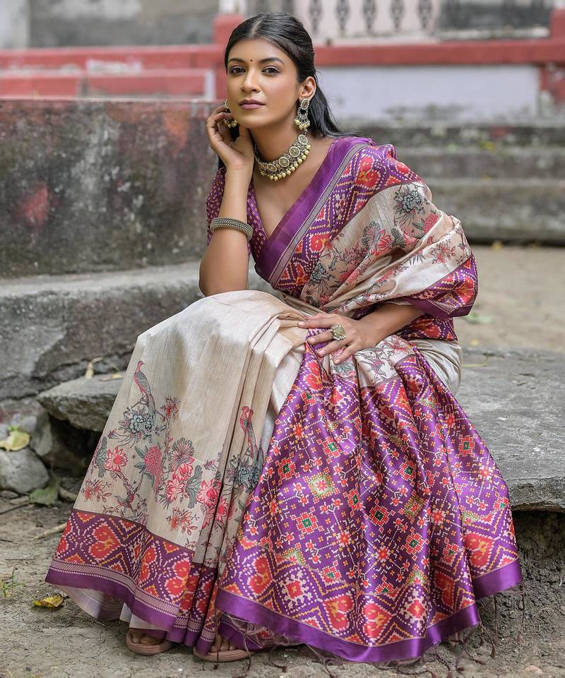 Lavender soft tussar silk floral printed saree with blouse