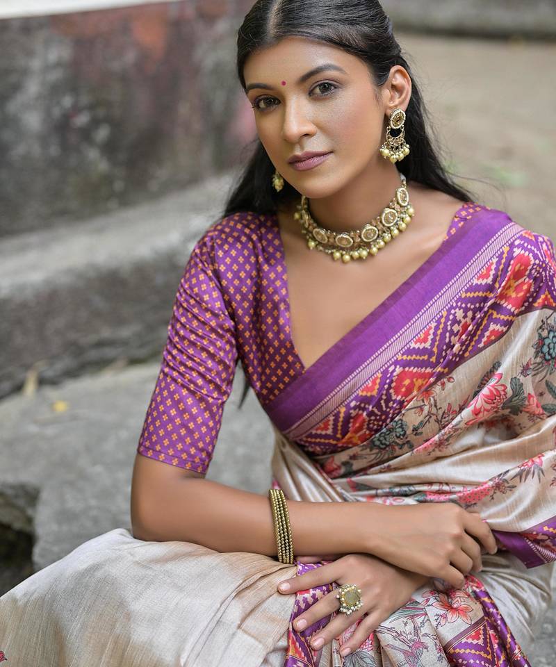 Lavender soft tussar silk floral printed saree with blouse