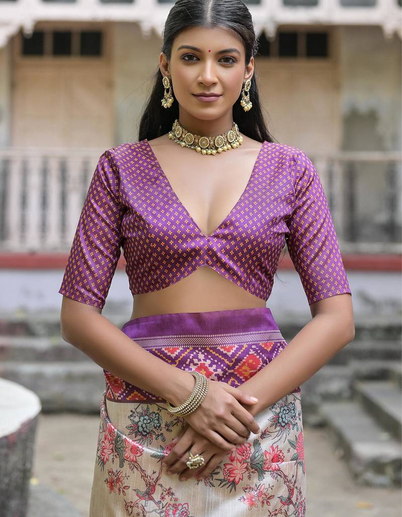 Lavender soft tussar silk floral printed saree with blouse