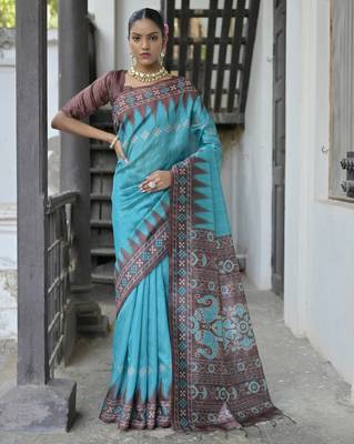 Sky blue soft tussar silk temple border saree with blouse 1