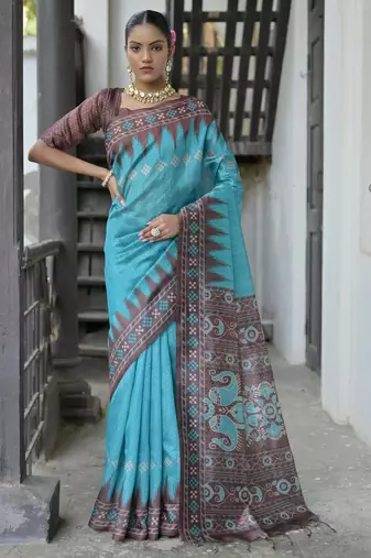 Sky blue soft tussar silk temple border saree with blouse