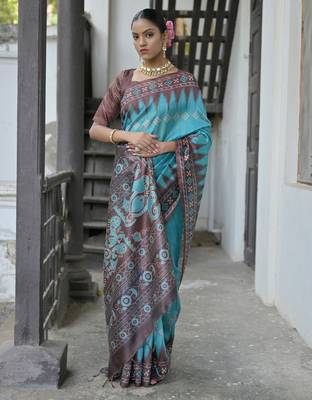 Sky blue soft tussar silk temple border saree with blouse 2