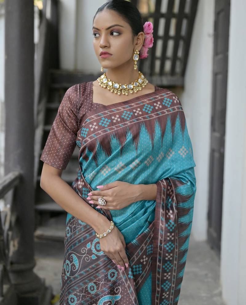 Sky blue soft tussar silk temple border saree with blouse