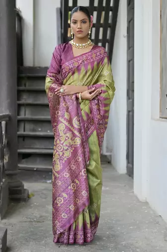 Green soft tussar silk temple border saree with blouse