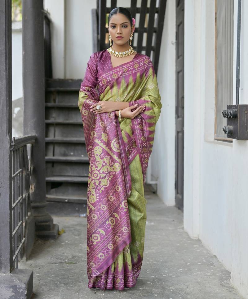 Green soft tussar silk temple border saree with blouse