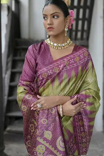 Green soft tussar silk temple border saree with blouse