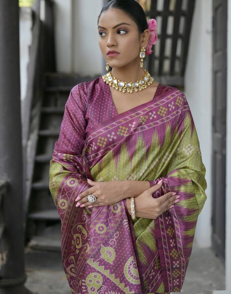 Green soft tussar silk temple border saree with blouse