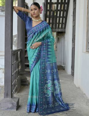 Sea green soft tussar silk temple border saree with blouse 1