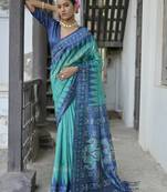 Sea green soft tussar silk temple border saree with blouse