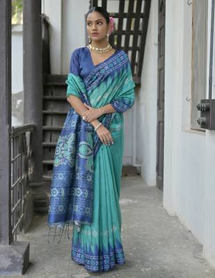 Sea green soft tussar silk temple border saree with blouse 2