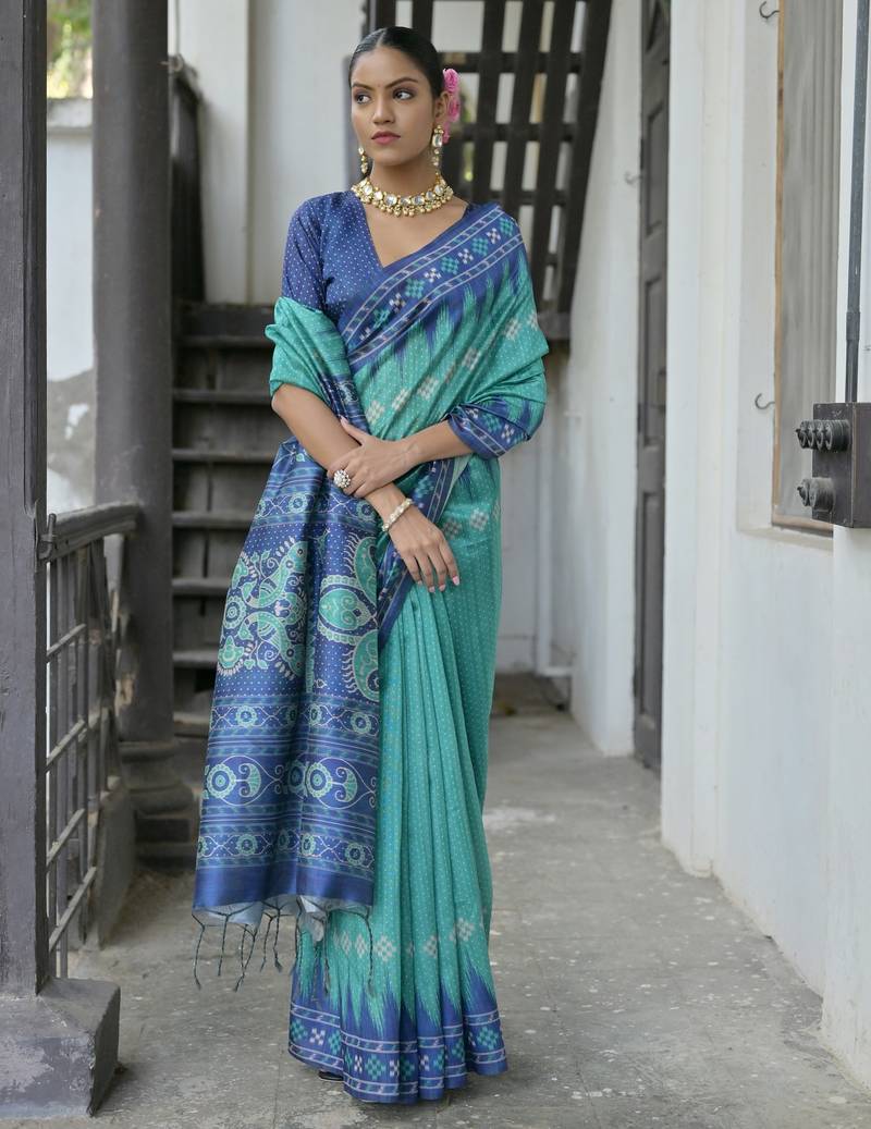 Sea green soft tussar silk temple border saree with blouse