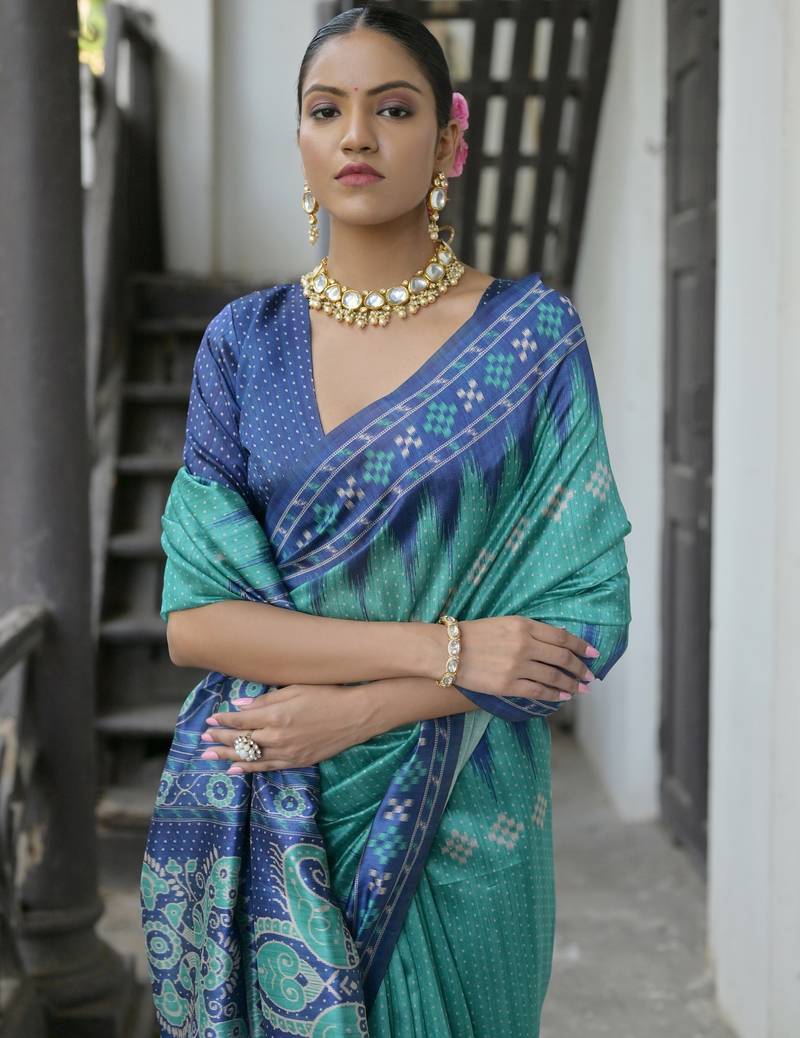 Sea green soft tussar silk temple border saree with blouse