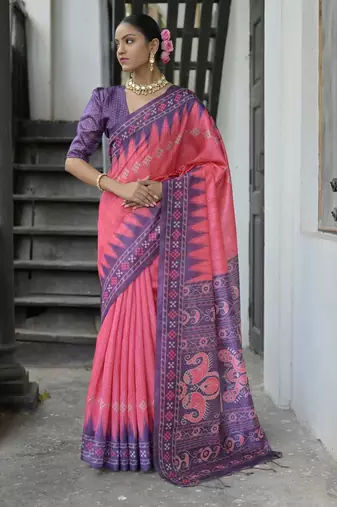 Pink soft tussar silk temple border saree with blouse