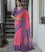 Pink soft tussar silk temple border saree with blouse