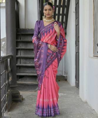 Pink soft tussar silk temple border saree with blouse 2