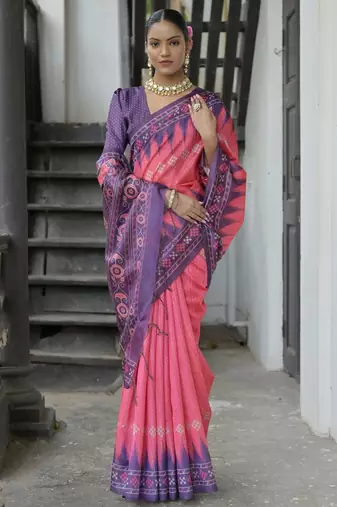 Pink soft tussar silk temple border saree with blouse