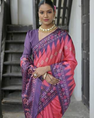 Pink soft tussar silk temple border saree with blouse 3