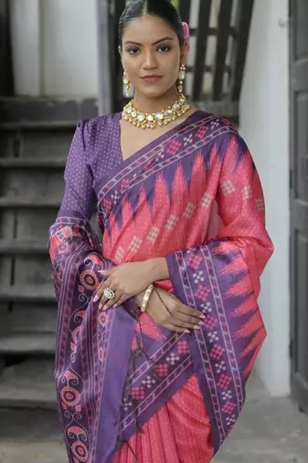 Pink soft tussar silk temple border saree with blouse