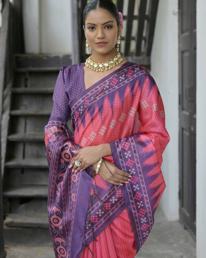 Pink soft tussar silk temple border saree with blouse