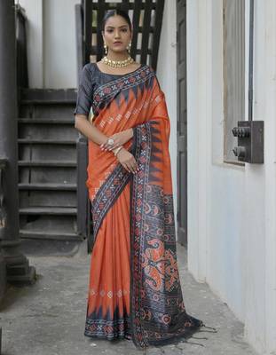 Red soft tussar silk temple border saree with blouse 1