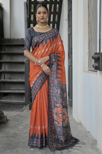 Red soft tussar silk temple border saree with blouse
