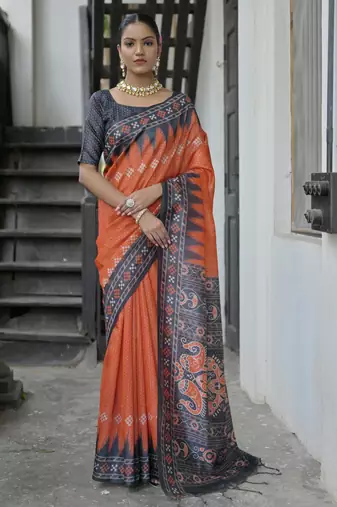 Red soft tussar silk temple border saree with blouse