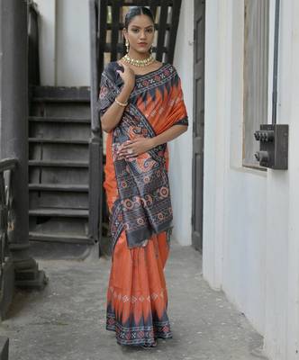 Red soft tussar silk temple border saree with blouse 2