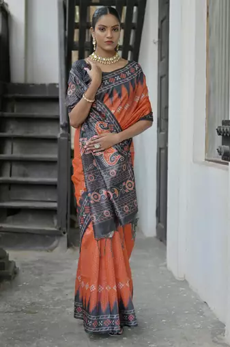 Red soft tussar silk temple border saree with blouse