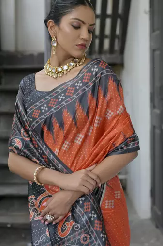 Red soft tussar silk temple border saree with blouse