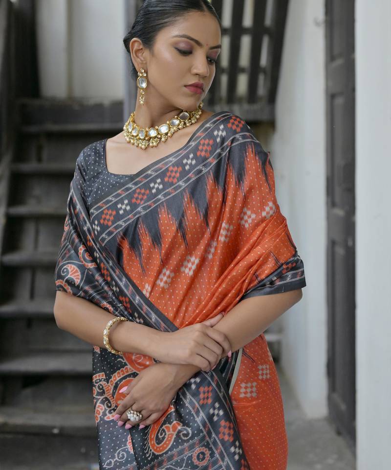 Red soft tussar silk temple border saree with blouse