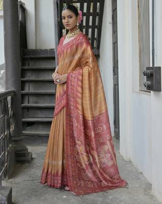 Mustard soft tussar silk temple border saree with blouse 1