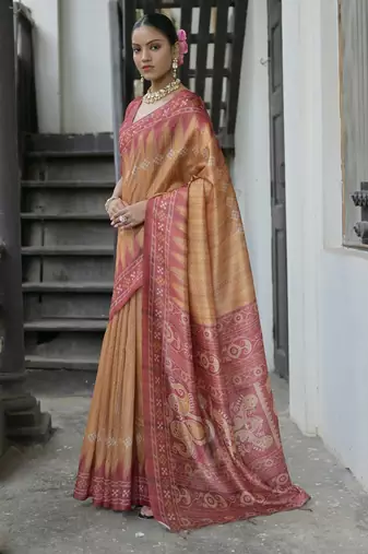 Mustard soft tussar silk temple border saree with blouse