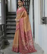 Mustard soft tussar silk temple border saree with blouse