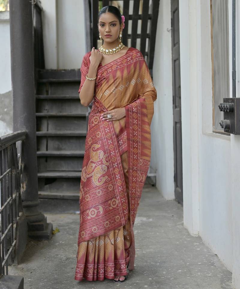 Mustard soft tussar silk temple border saree with blouse