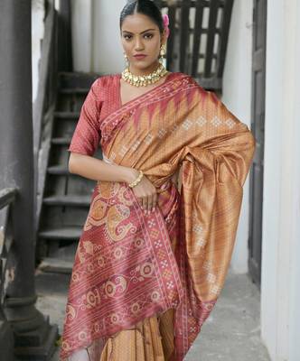Mustard soft tussar silk temple border saree with blouse 3