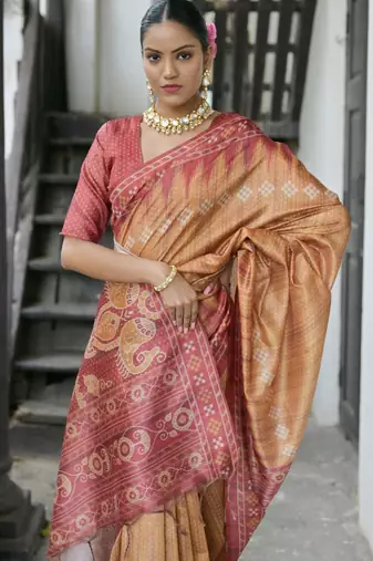 Mustard soft tussar silk temple border saree with blouse