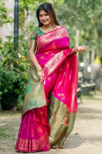 Pink soft banarasi silk zari woven saree with blouse