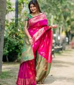 Pink soft banarasi silk zari woven saree with blouse