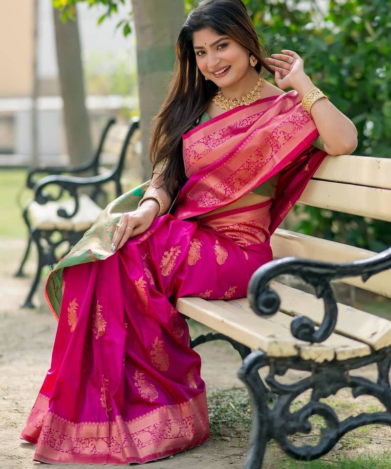 Pink soft banarasi silk zari woven saree with blouse