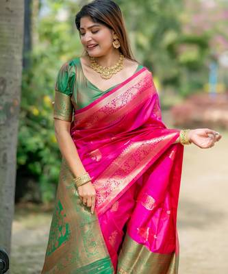Pink soft banarasi silk zari woven saree with blouse 3