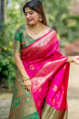 Pink soft banarasi silk zari woven saree with blouse