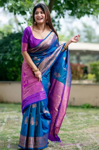 Blue soft banarasi silk zari woven saree with blouse