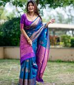 Blue soft banarasi silk zari woven saree with blouse