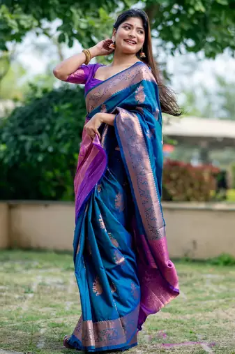 Blue soft banarasi silk zari woven saree with blouse