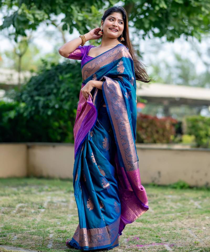 Blue soft banarasi silk zari woven saree with blouse