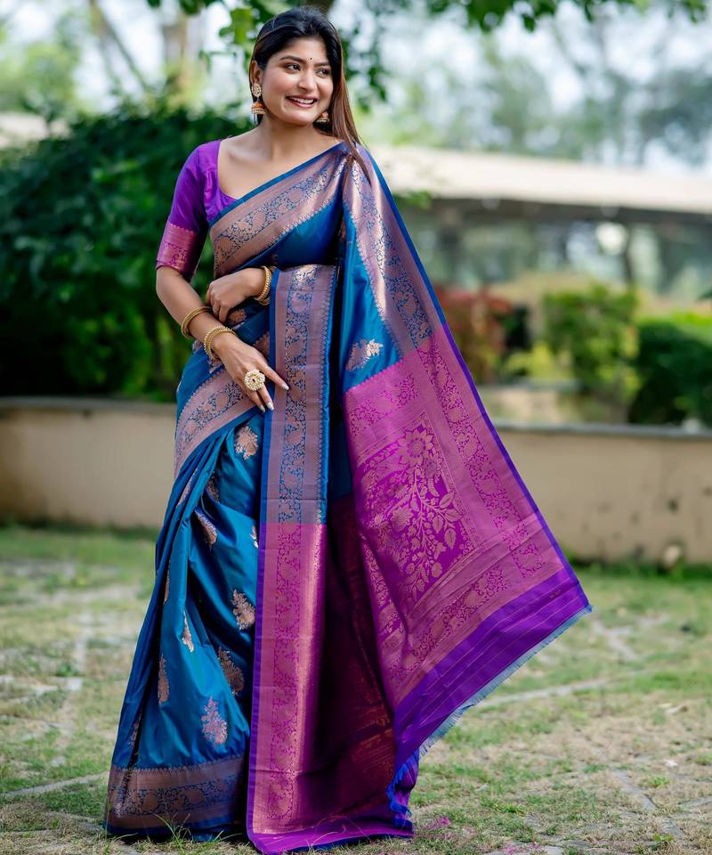 Blue soft banarasi silk zari woven saree with blouse