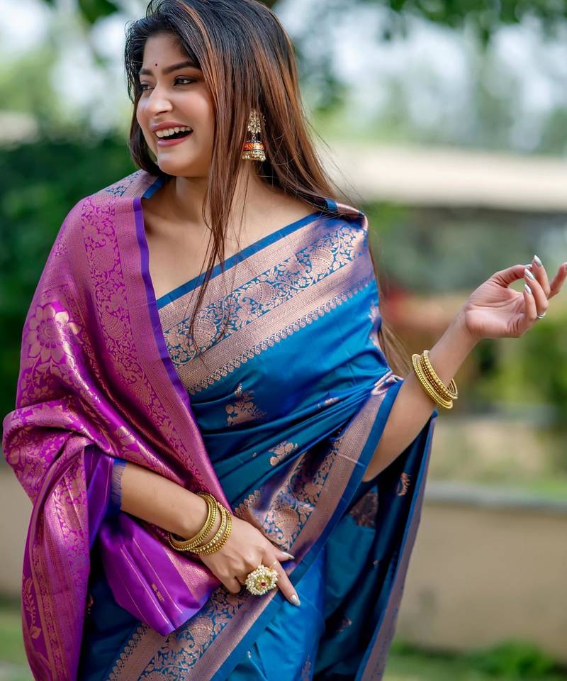 Blue soft banarasi silk zari woven saree with blouse